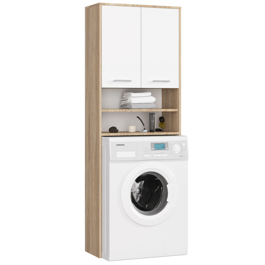 Dulap baie inalt pentru spatiu deasupra masinii de spalat, cu usi si polite, 64x30x180 cm, stejar sonoma si alb