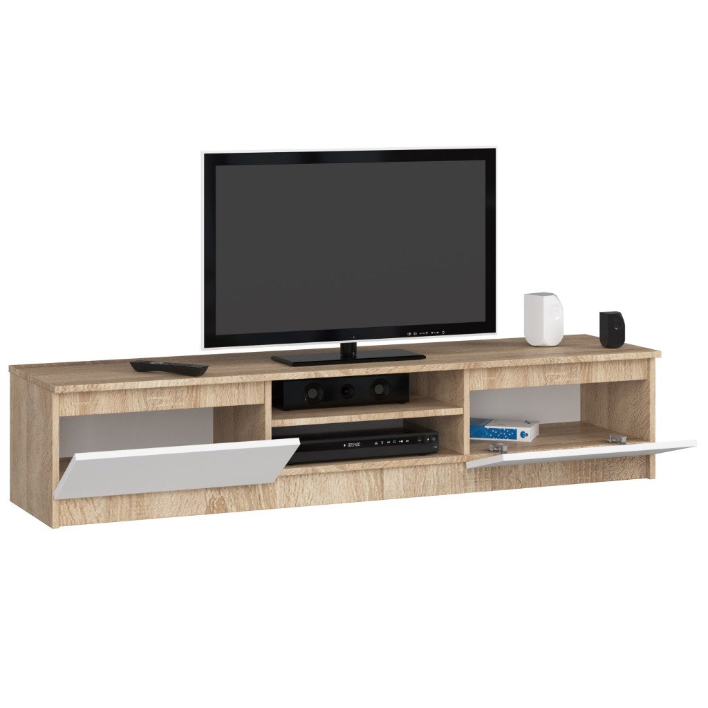 Comoda TV cu 2 usi si rafturi centrale, PAL laminat, 160x40x33 cm, stejar sonoma si alb