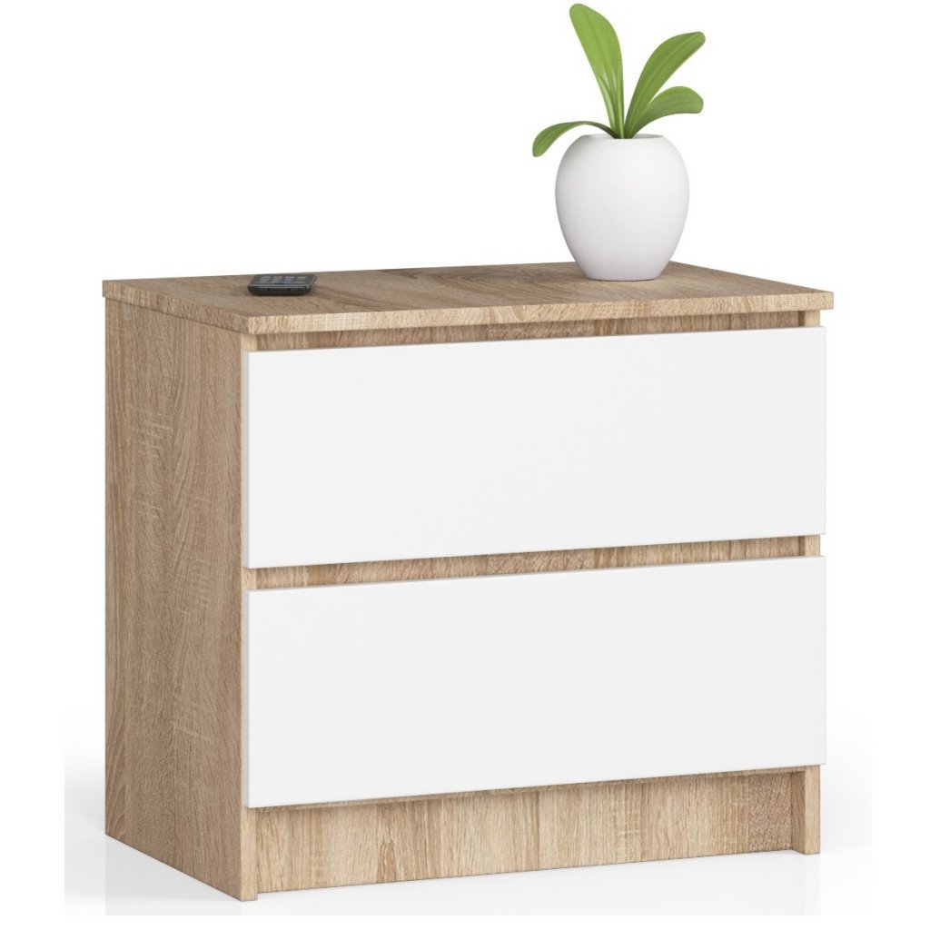 Noptiera cu 2 sertare din PAL laminat 16 mm, 60x40x55 cm, stejar sonoma si alb