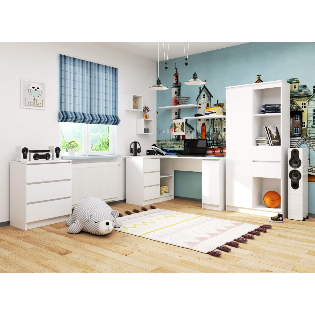 Birou colt stanga in L cu 3 sertare si rafturi, PAL laminat 16 mm, 155x85x77 cm, alb