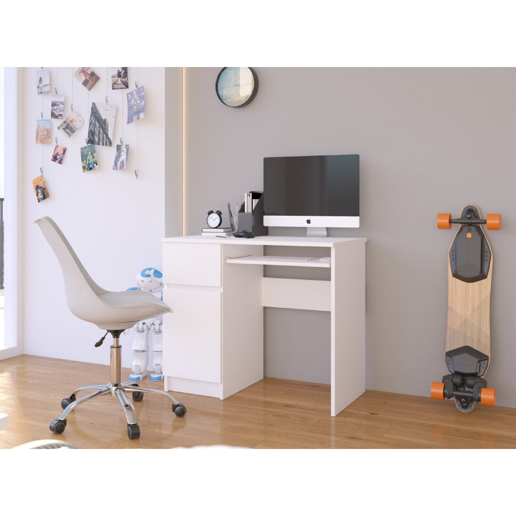 Birou computer PIKSEL, cu sertar, dulap si raft pentru tastatura, stanga, 90x50x77 cm, alb
