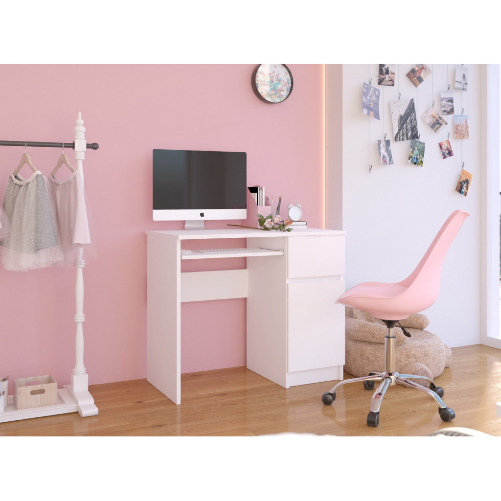 Birou computer PIKSEL, cu sertar, dulap si raft pentru tastatura, dreapta, 90x50x77 cm, alb
