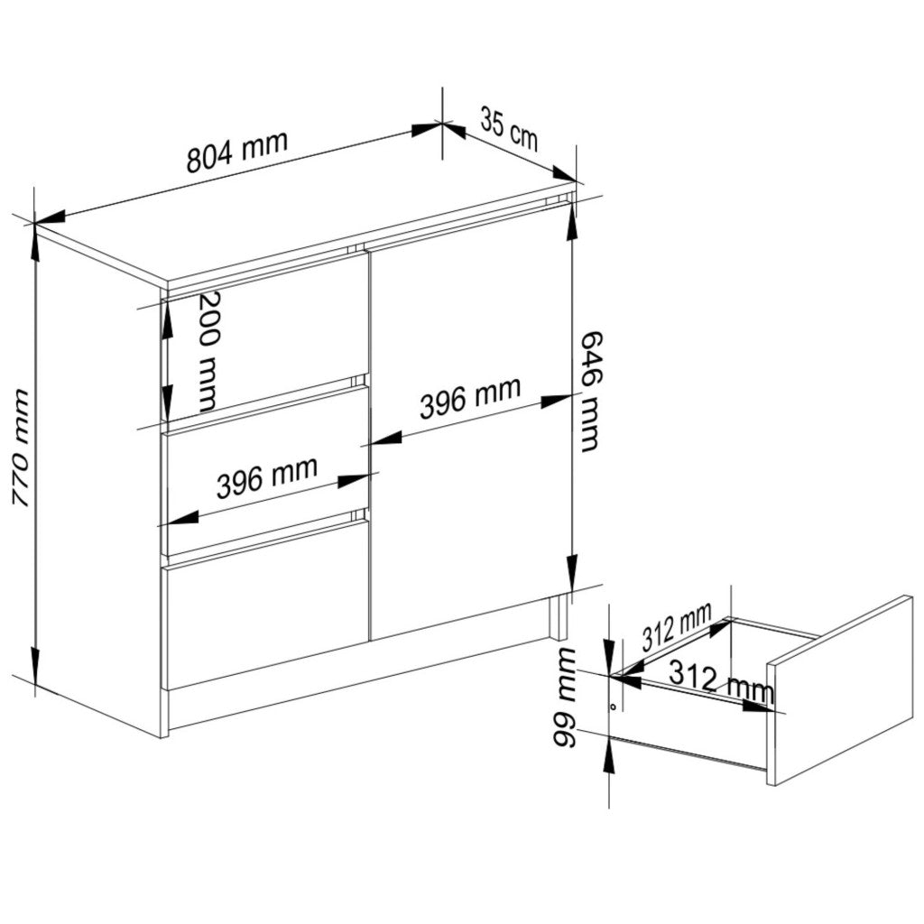 Comoda JERRY cu 3 sertare si dulap cu rafturi, PAL laminat, 80x35x77 cm, alb mat