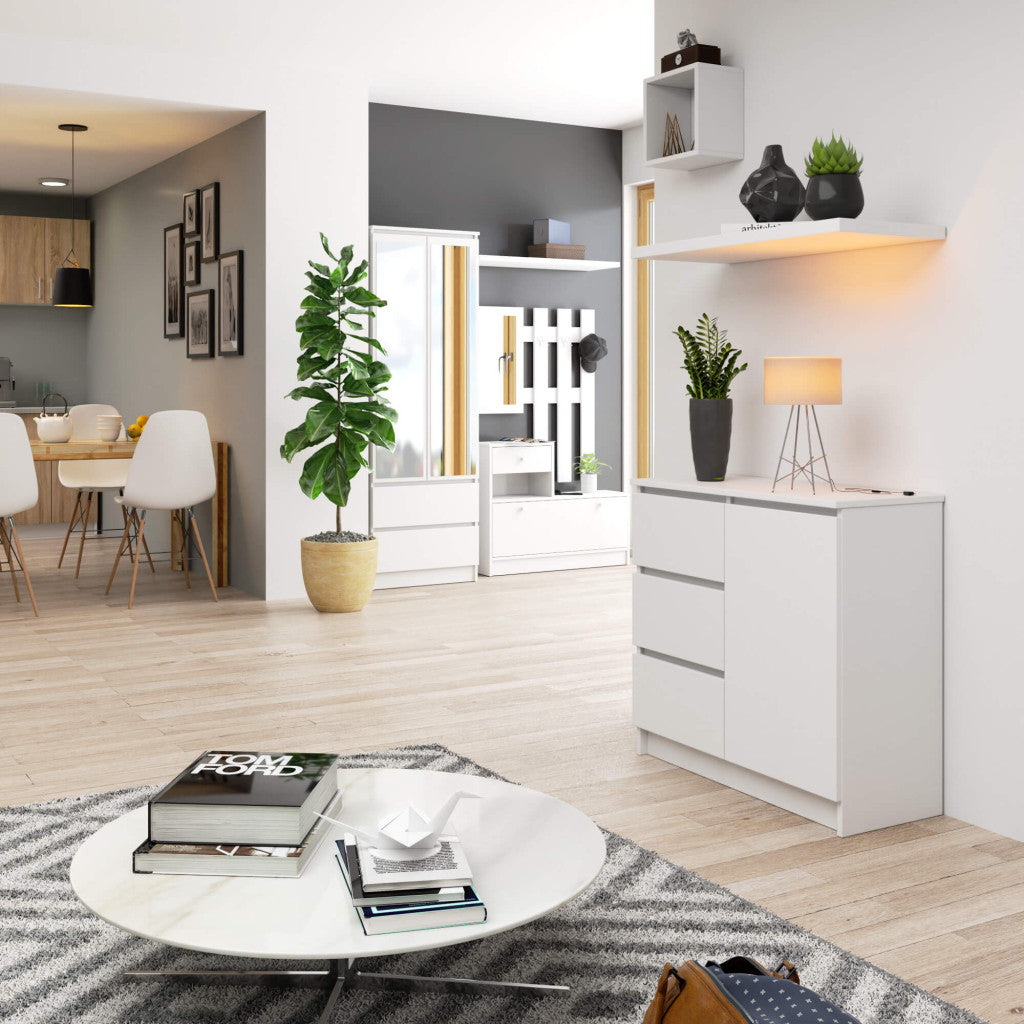 Comoda JERRY cu 3 sertare si dulap cu rafturi, PAL laminat, 80x35x77 cm, alb mat