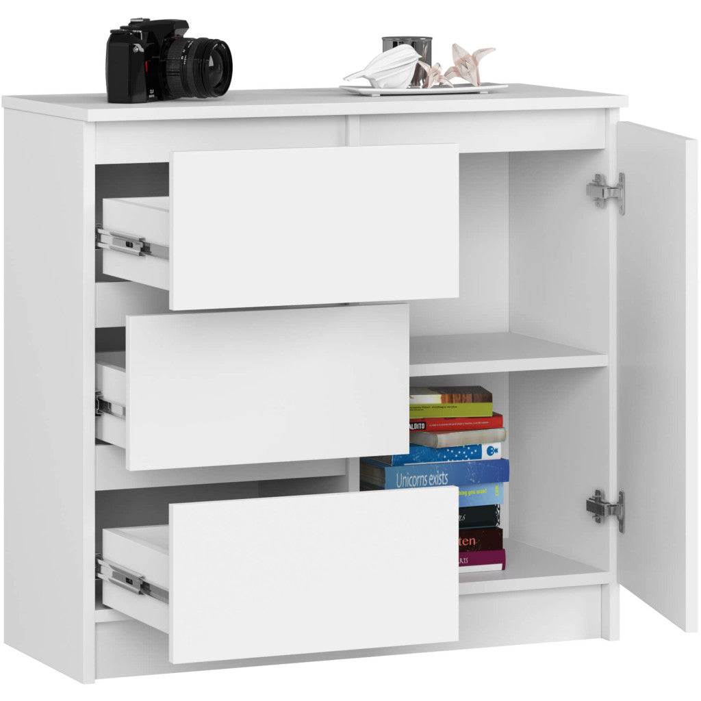 Comoda JERRY cu 3 sertare si dulap cu rafturi, PAL laminat, 80x35x77 cm, alb mat