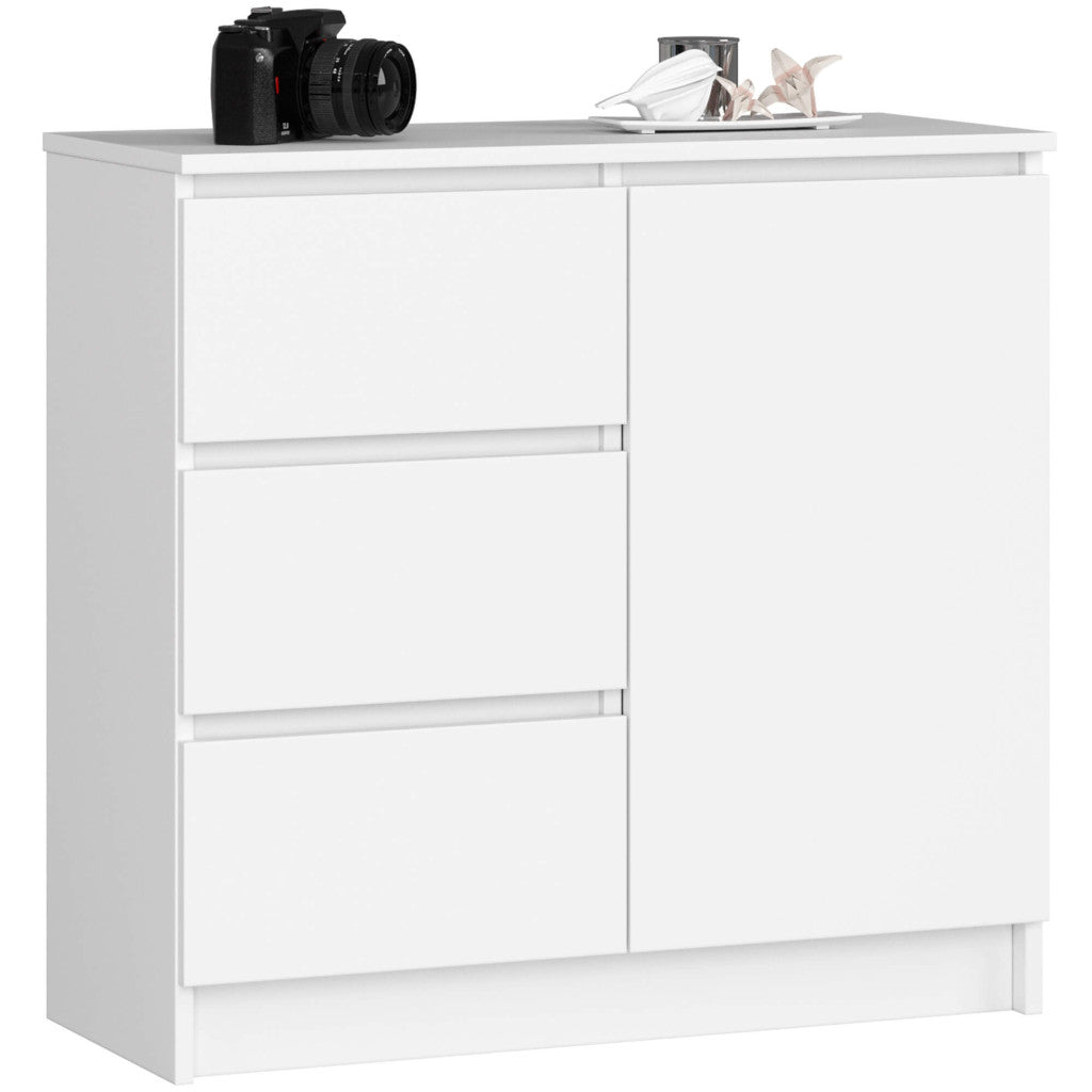 Comoda JERRY cu 3 sertare si dulap cu rafturi, PAL laminat, 80x35x77 cm, alb mat