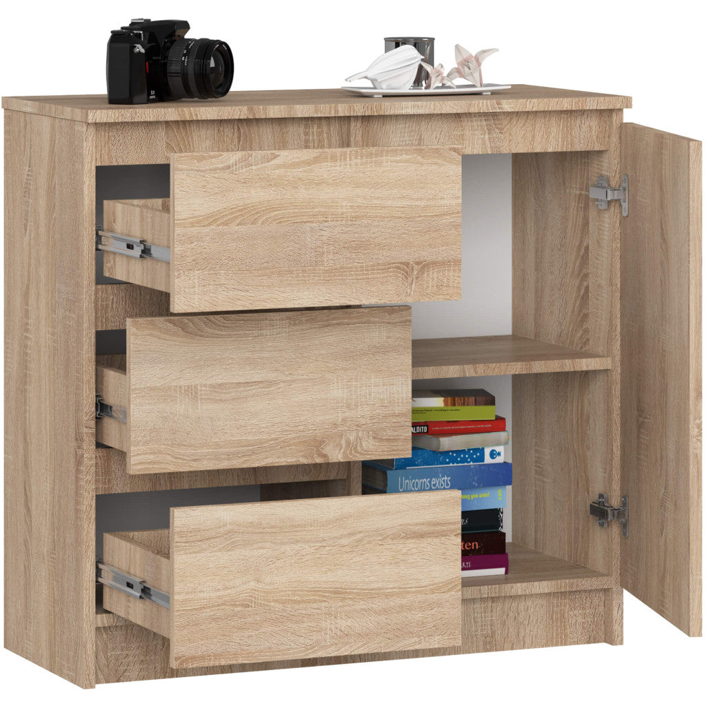 Comoda JERRY cu 3 sertare si dulap cu rafturi, PAL laminat, 80x35x77 cm, stejar sonoma