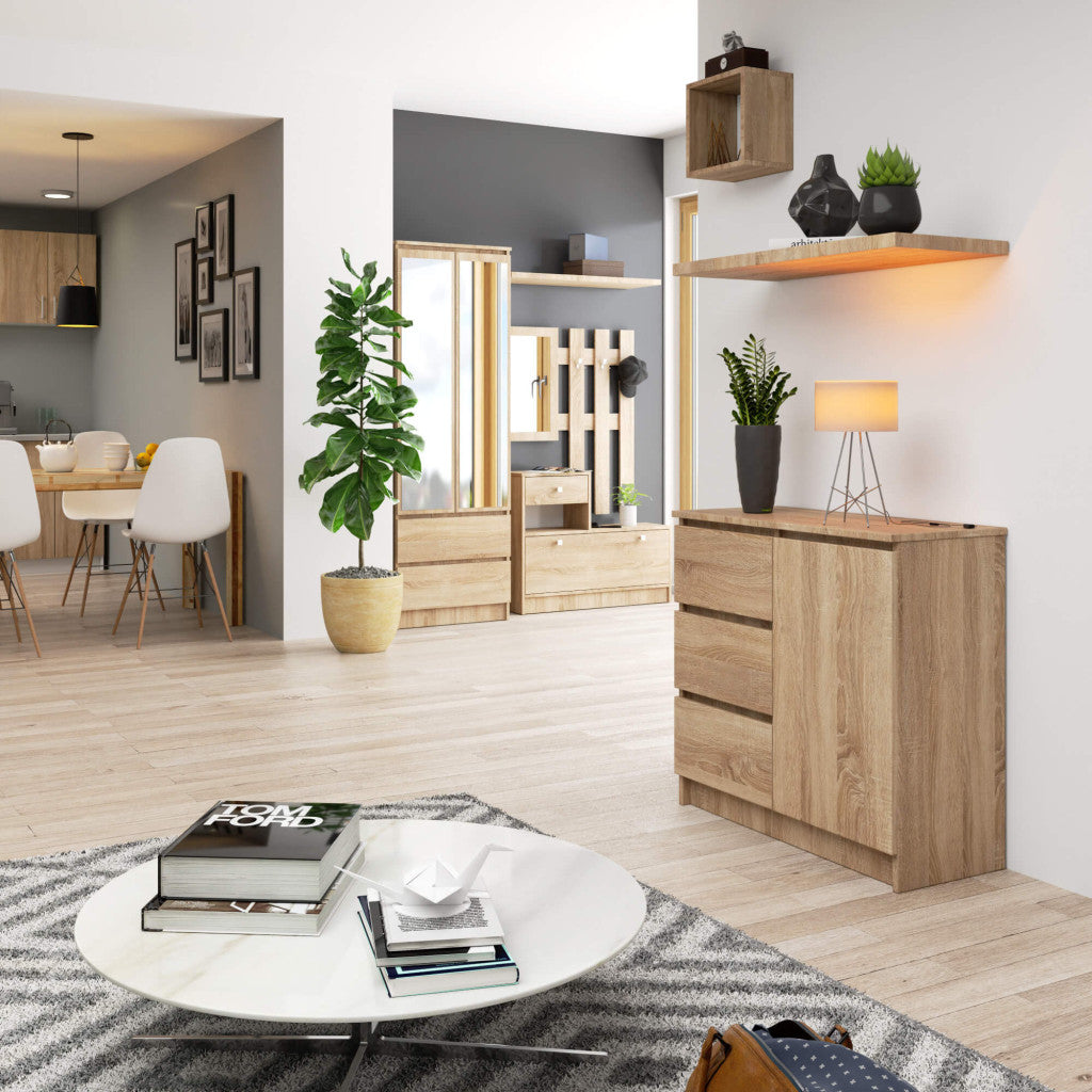 Comoda JERRY cu 3 sertare si dulap cu rafturi, PAL laminat, 80x35x77 cm, stejar sonoma