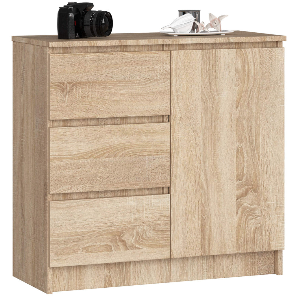 Comoda JERRY cu 3 sertare si dulap cu rafturi, PAL laminat, 80x35x77 cm, stejar sonoma