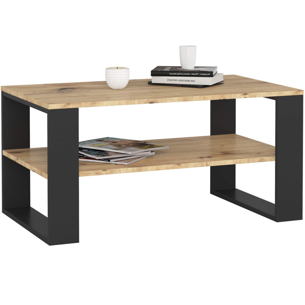 Masuta cafea ALEX cu raft inferior, PAL laminat, 92x53x45 cm, stejar artisan si negru