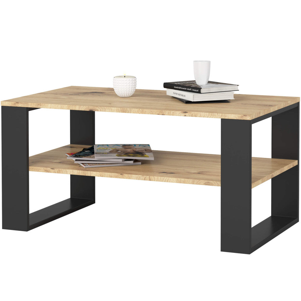 Masuta cafea ALEX cu raft inferior, PAL laminat, 92x53x45 cm, stejar artisan si negru