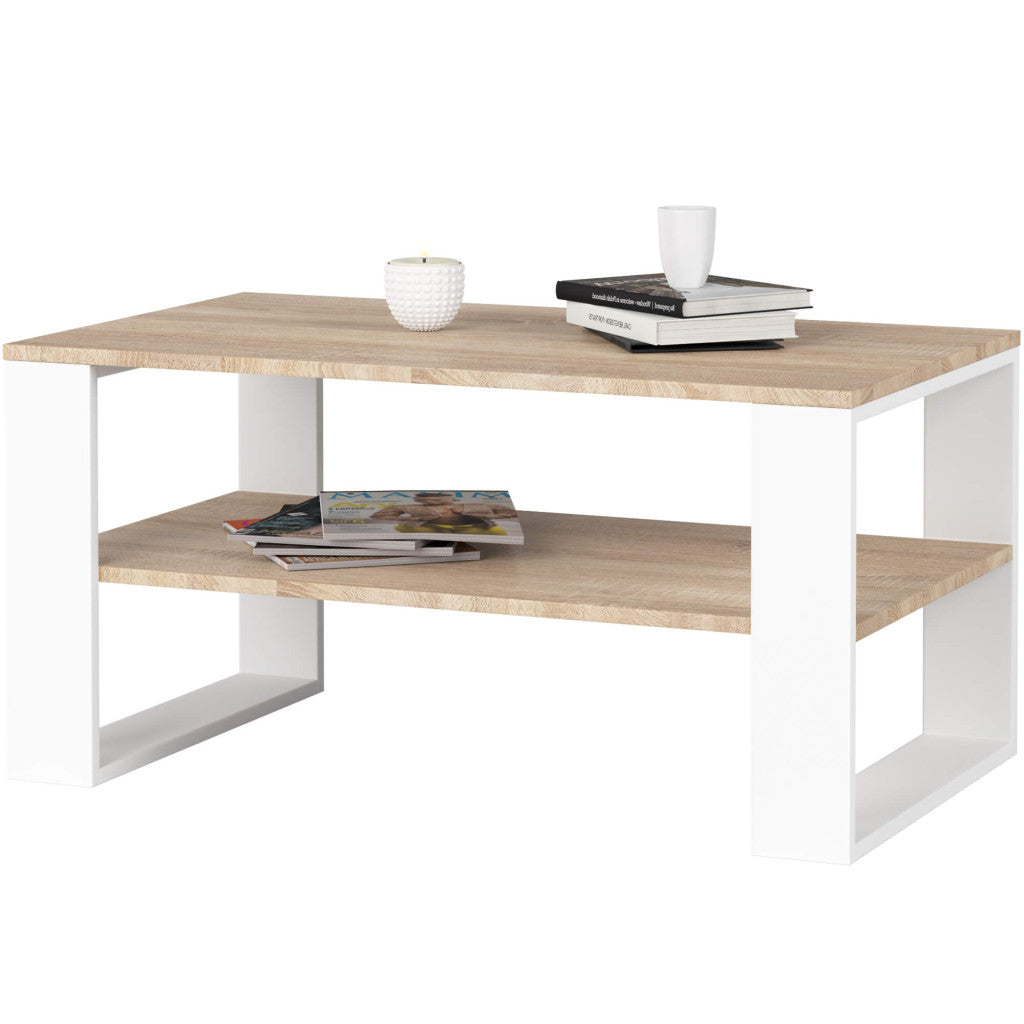 Masuta cafea ALEX cu raft inferior, PAL laminat, 92x53x45 cm, stejar sonoma si alb
