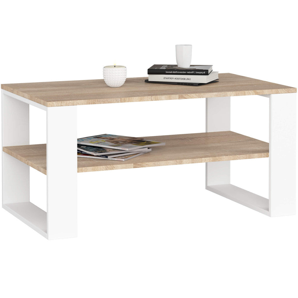 Masuta cafea ALEX cu raft inferior, PAL laminat, 92x53x45 cm, stejar sonoma si alb