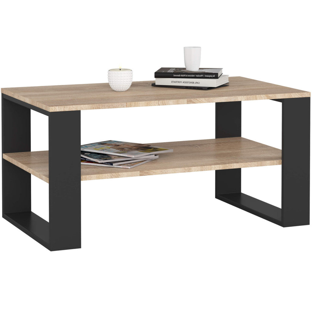 Masuta cafea ALEX cu raft inferior, PAL laminat, 92x53x45 cm, stejar sonoma si negru