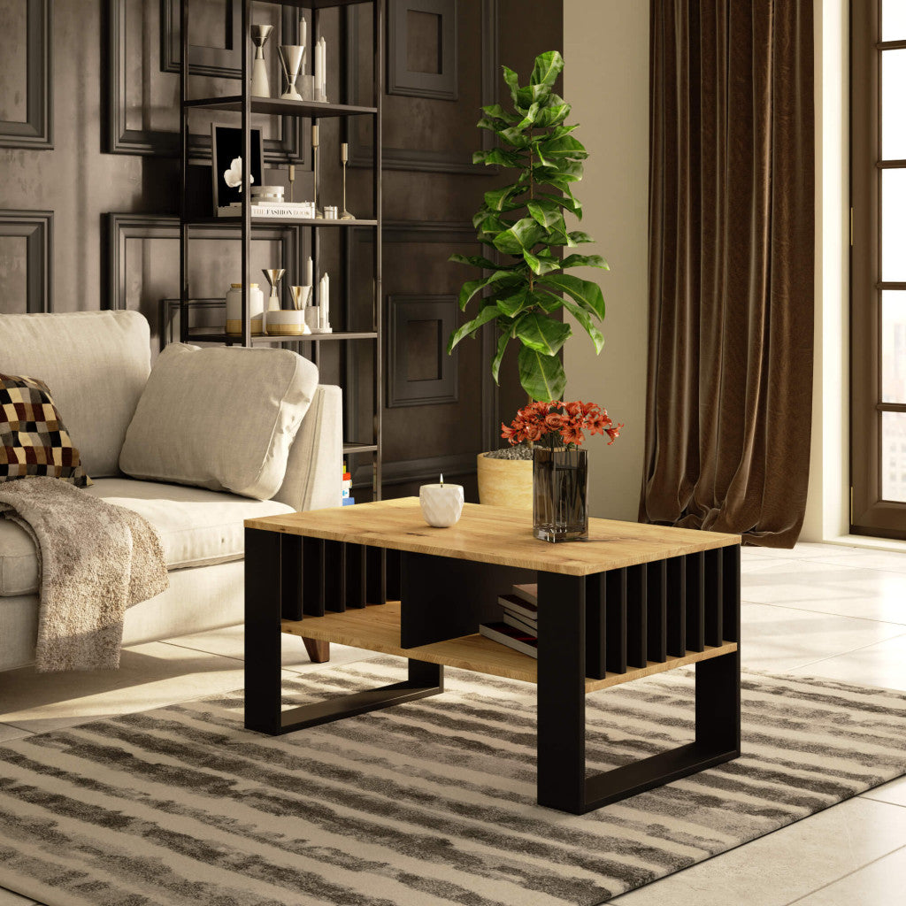 Masuta cafea ROCKFORD, cu blat din PAL, 92x53x45 cm, stejar artisan si negru