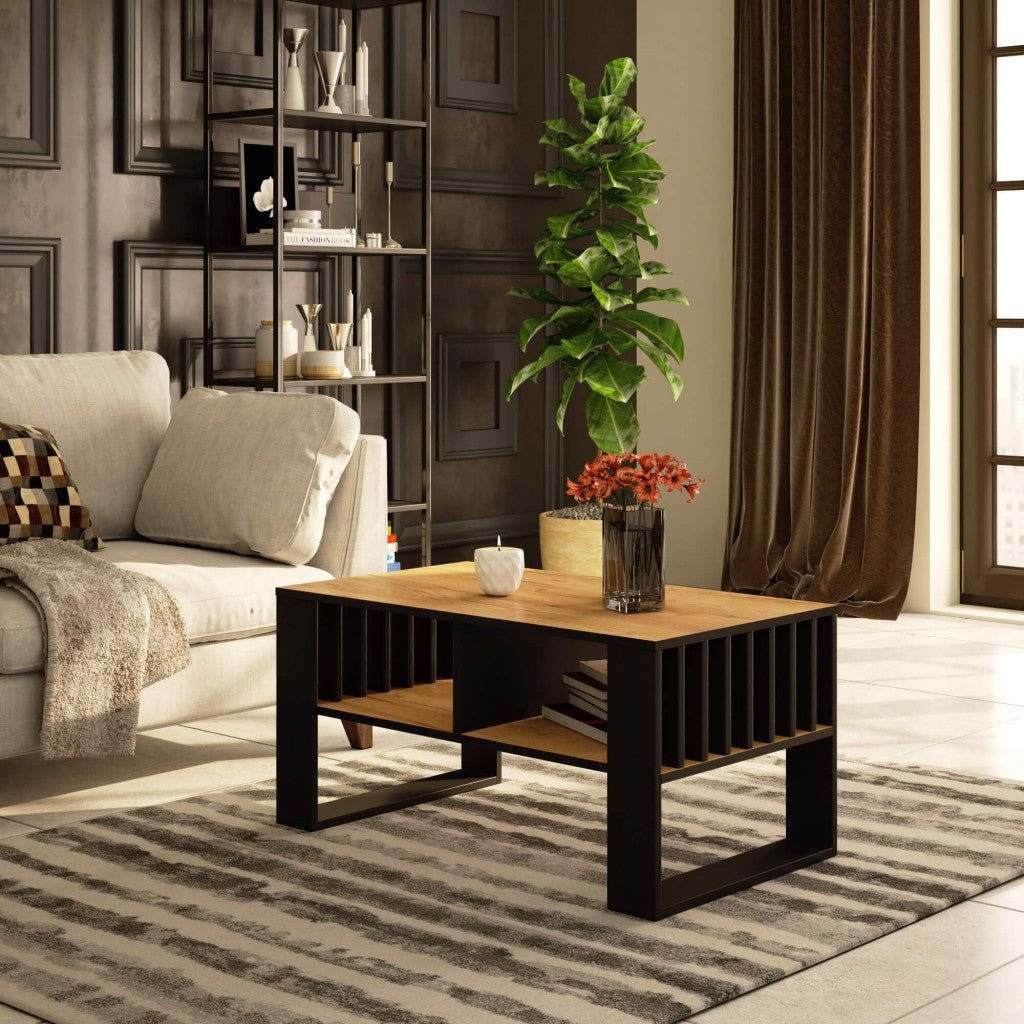 Masuta cafea ROCKFORD, cu blat din PAL, 92x53x45 cm, stejar craft si negru