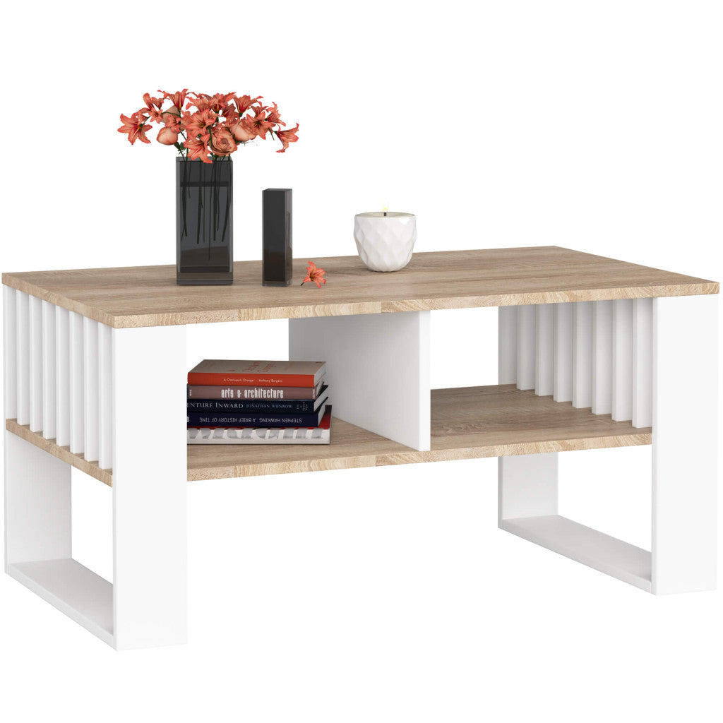Masuta cafea ROCKFORD, cu blat din PAL, 92x53x45 cm, stejar sonoma si alb