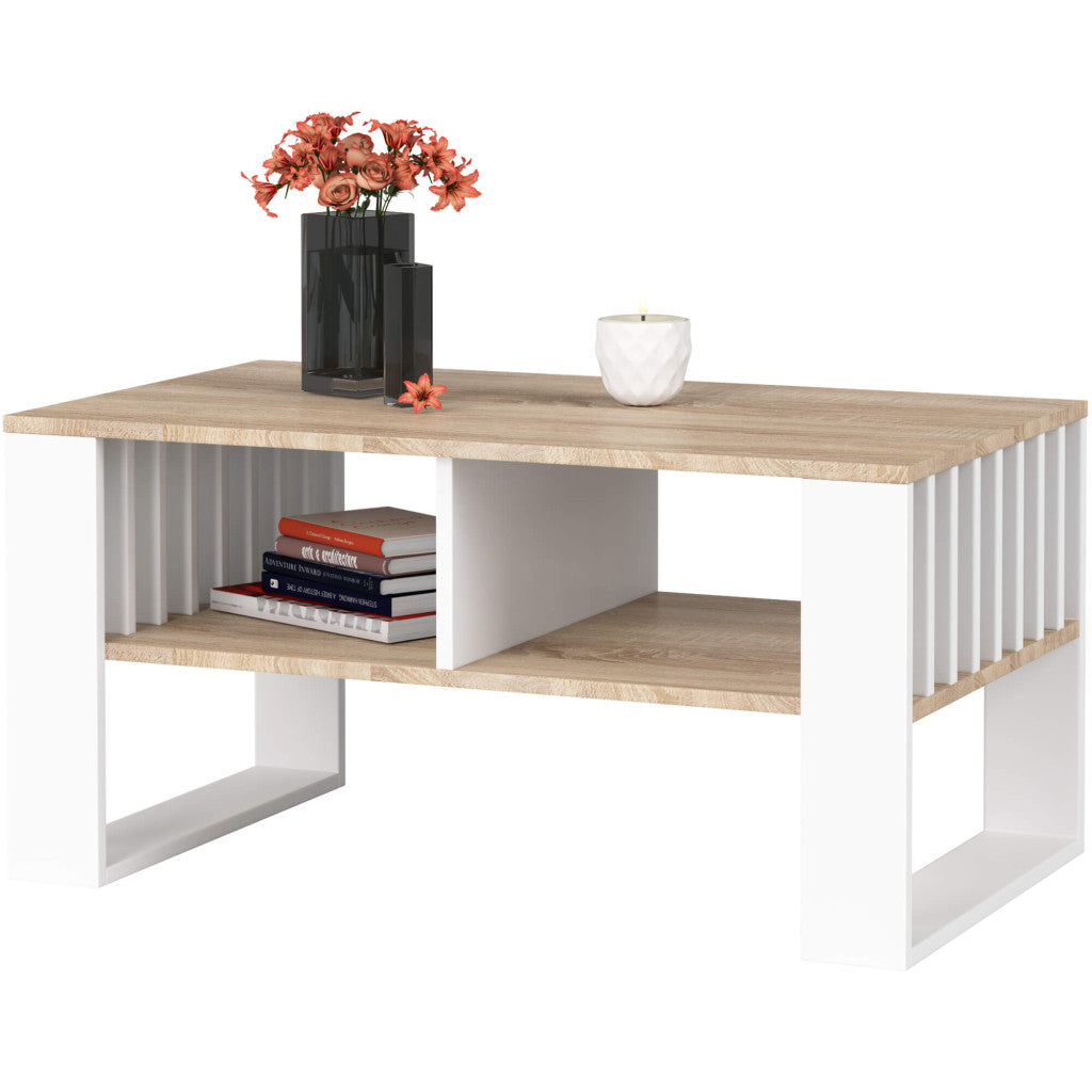 Masuta cafea ROCKFORD, cu blat din PAL, 92x53x45 cm, stejar sonoma si alb