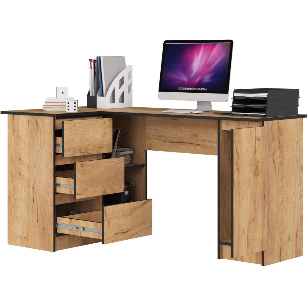 Birou colt stanga in L cu 3 sertare si rafturi, PAL laminat 16 mm, 155x85x77 cm, stejar craft