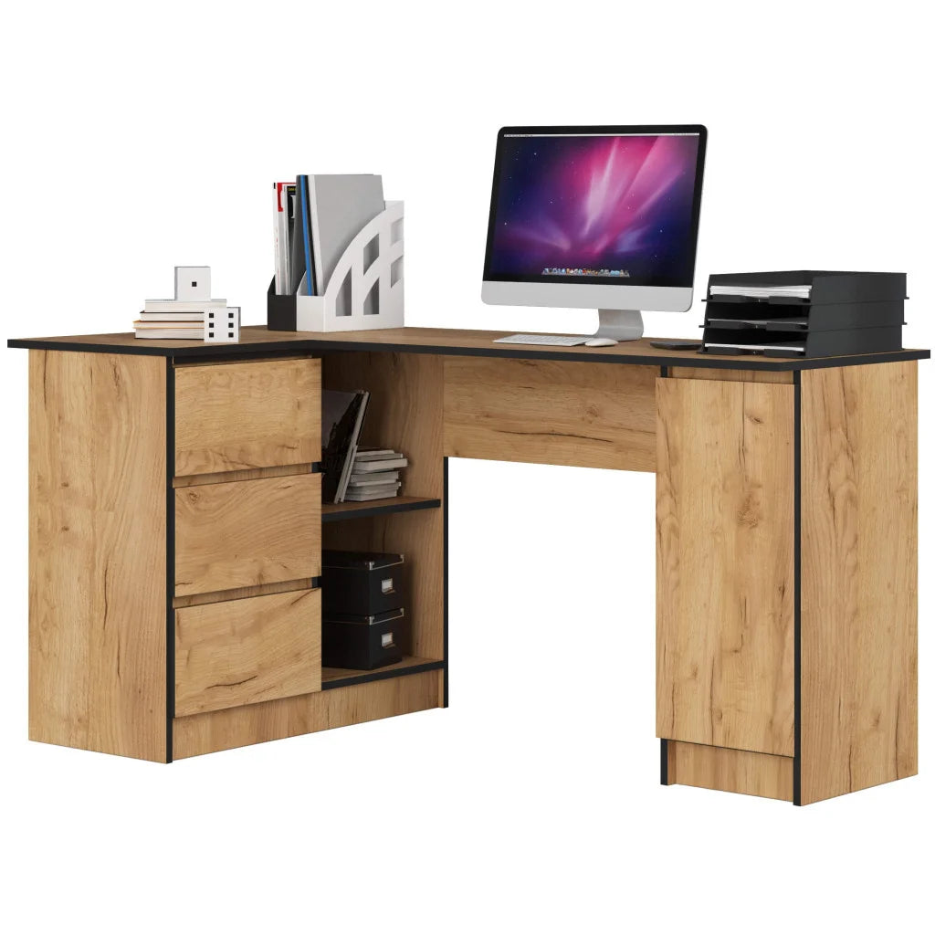 Birou colt stanga in L cu 3 sertare si rafturi, PAL laminat 16 mm, 155x85x77 cm, stejar craft