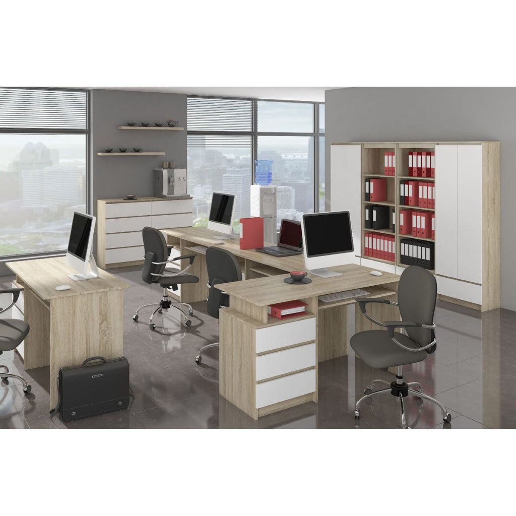 Birou colt stanga in L cu 3 sertare si rafturi, PAL laminat 16 mm, 155x85x77 cm, stejar sonoma si alb