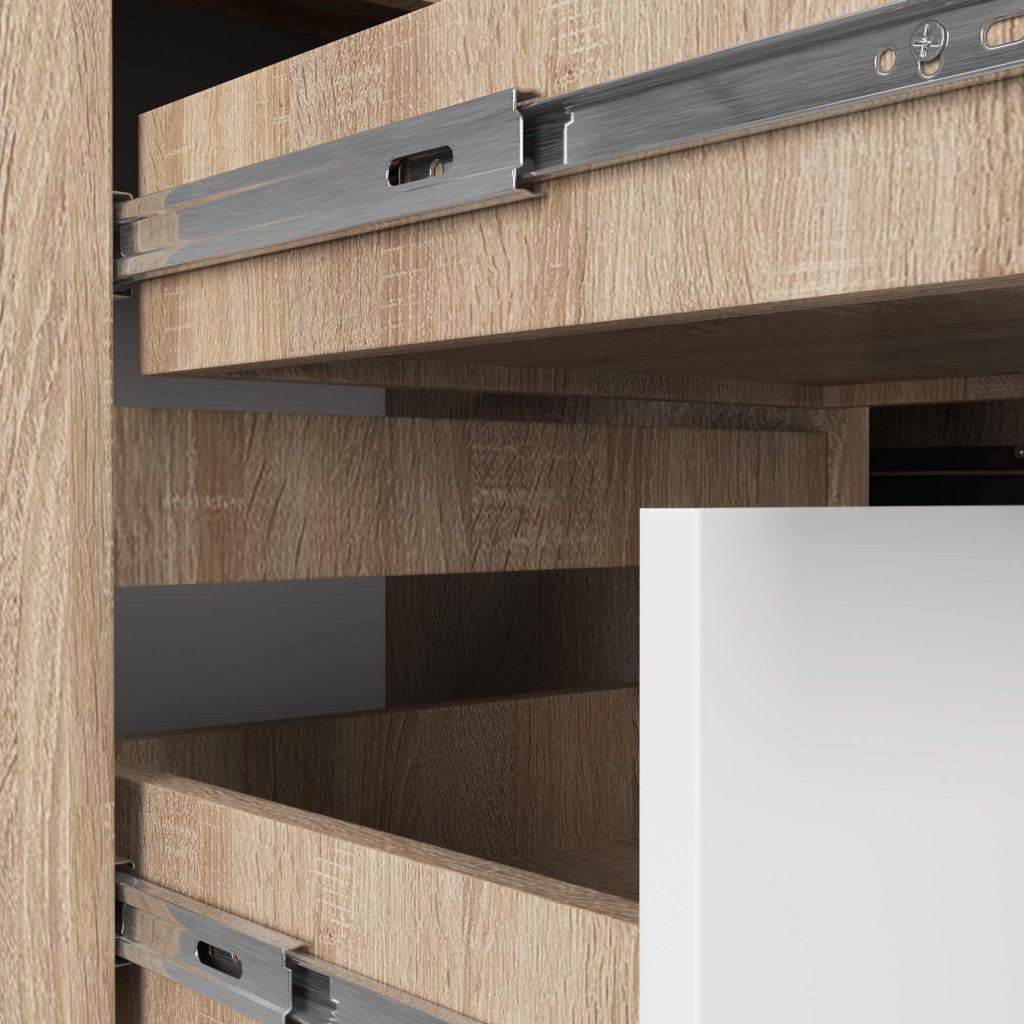 Birou colt stanga in L cu 3 sertare si rafturi, PAL laminat 16 mm, 155x85x77 cm, stejar sonoma si alb