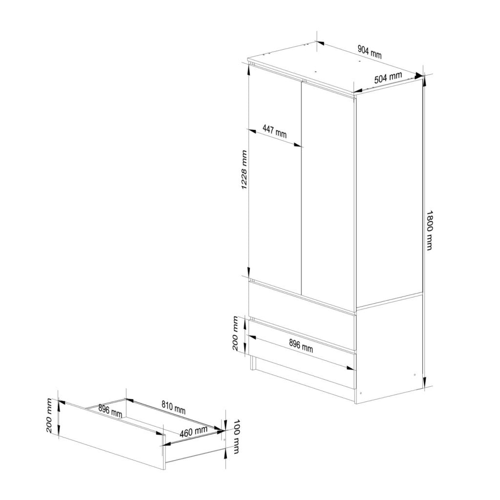 Dulap cu 2 usi si 2 sertare, cu oglinda, PAL laminat 16 mm, 90x51x180 cm, alb