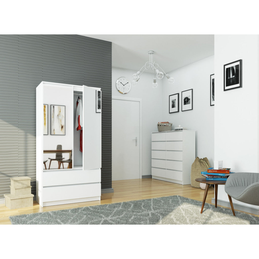 Dulap cu 2 usi si 2 sertare, cu oglinda, PAL laminat 16 mm, 90x51x180 cm, alb