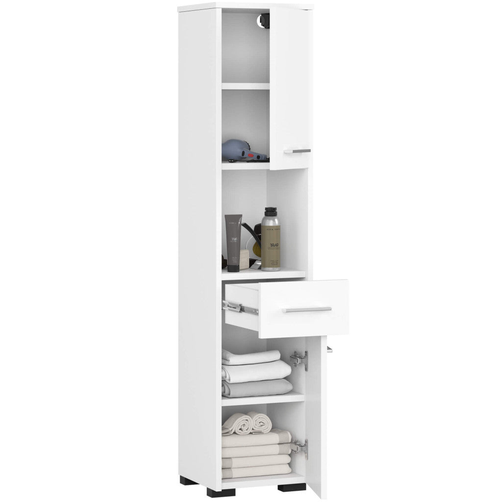 Dulap baie tip coloana cu 2 usi, 1 sertar si rafturi interioare, PAL laminat, 30x30x140 cm, alb