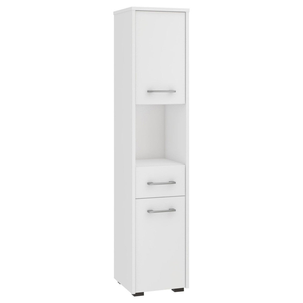 Dulap baie tip coloana cu 2 usi, 1 sertar si rafturi interioare, PAL laminat, 30x30x140 cm, alb