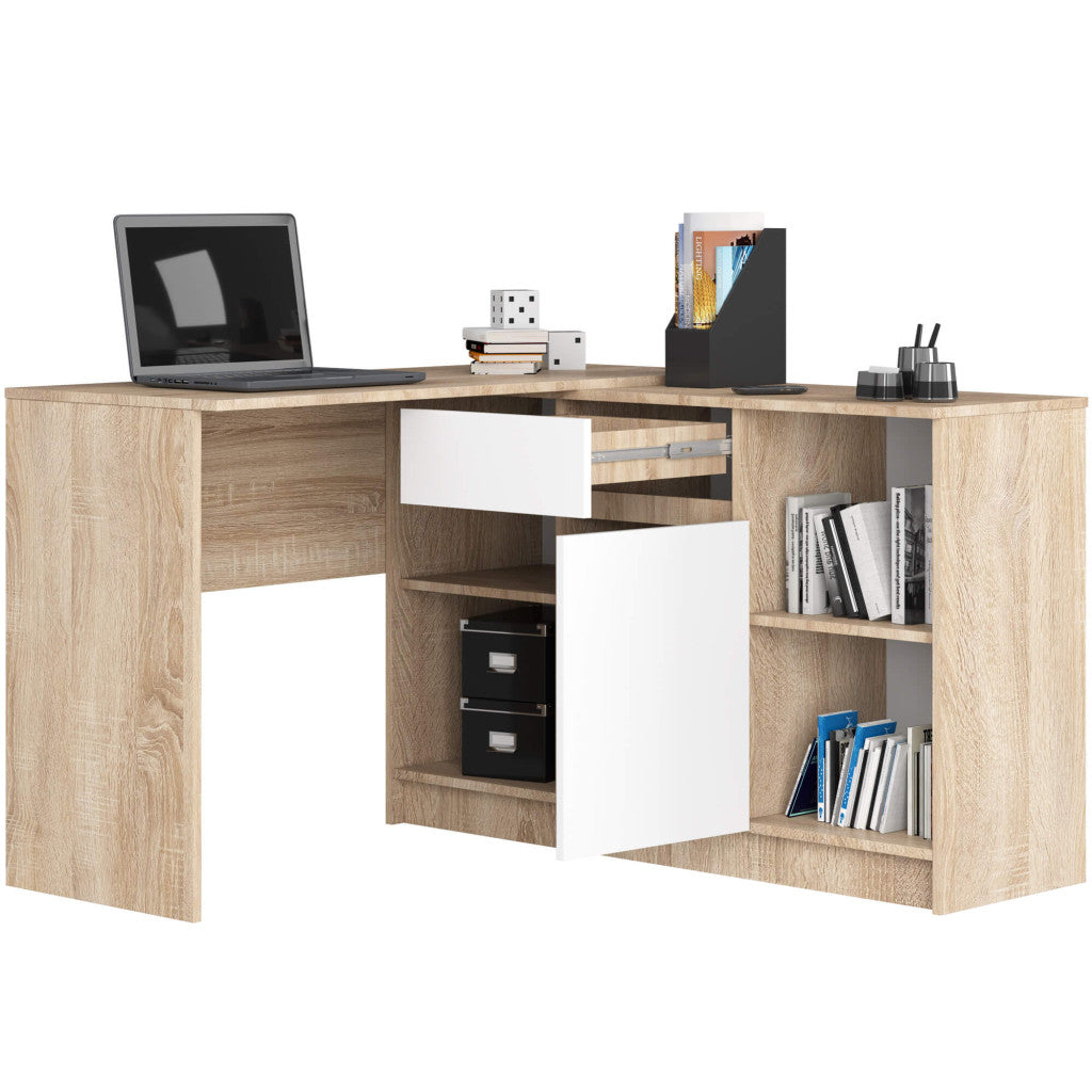 Birou de colt cu sertar, usa si 6 rafturi, PAL laminat 16 mm, 120x126x79 cm, stejar sonoma si alb