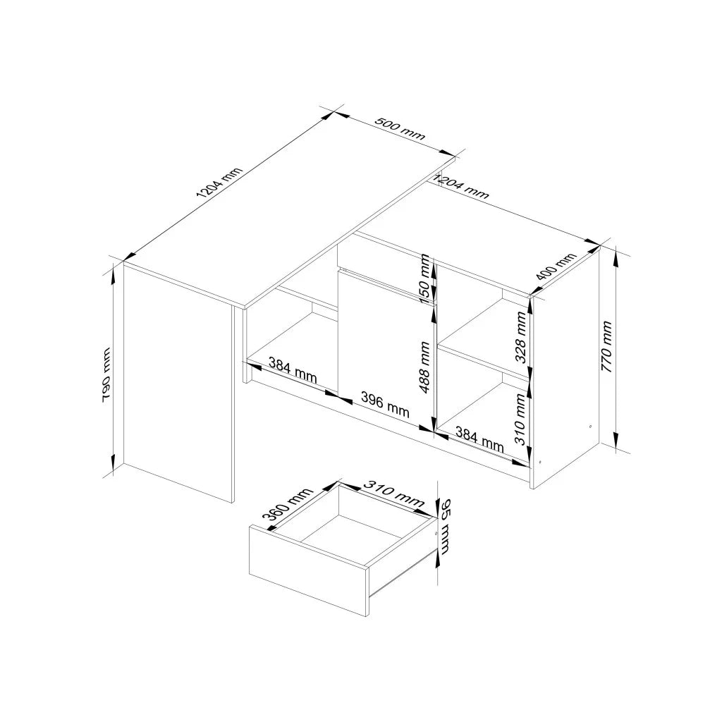 Birou de colt cu sertar, usa si 6 rafturi, PAL laminat 16 mm, 120x126x79 cm, stejar sonoma si alb