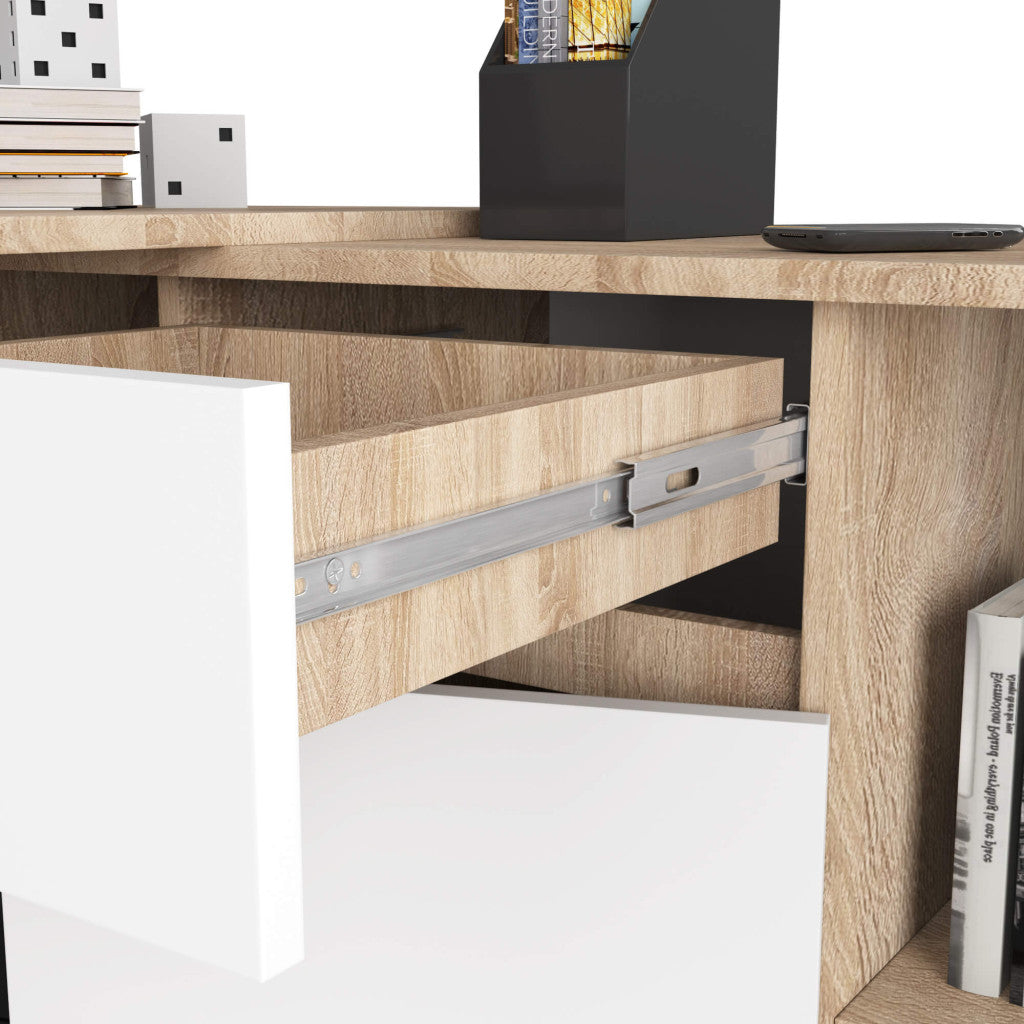 Birou de colt cu sertar, usa si 6 rafturi, PAL laminat 16 mm, 120x126x79 cm, stejar sonoma si alb
