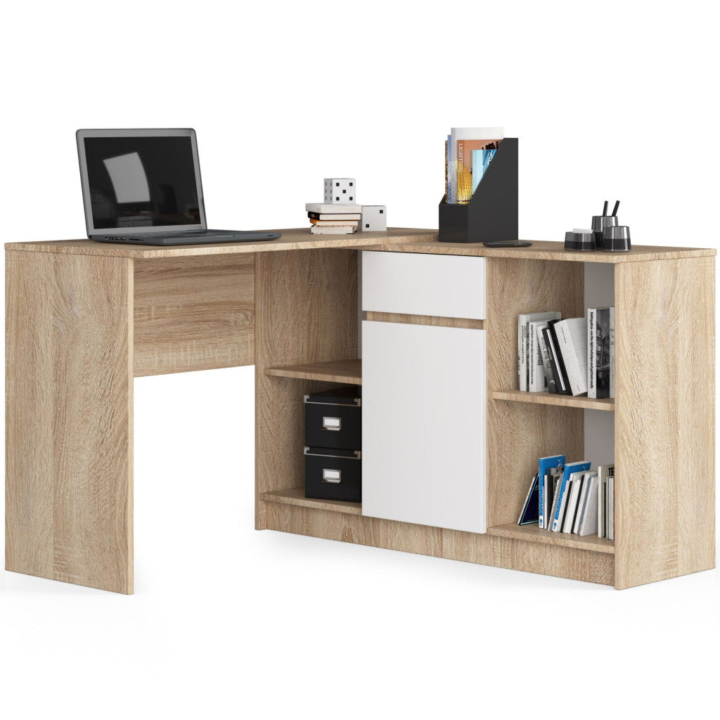 Birou de colt cu sertar, usa si 6 rafturi, PAL laminat 16 mm, 120x126x79 cm, stejar sonoma si alb