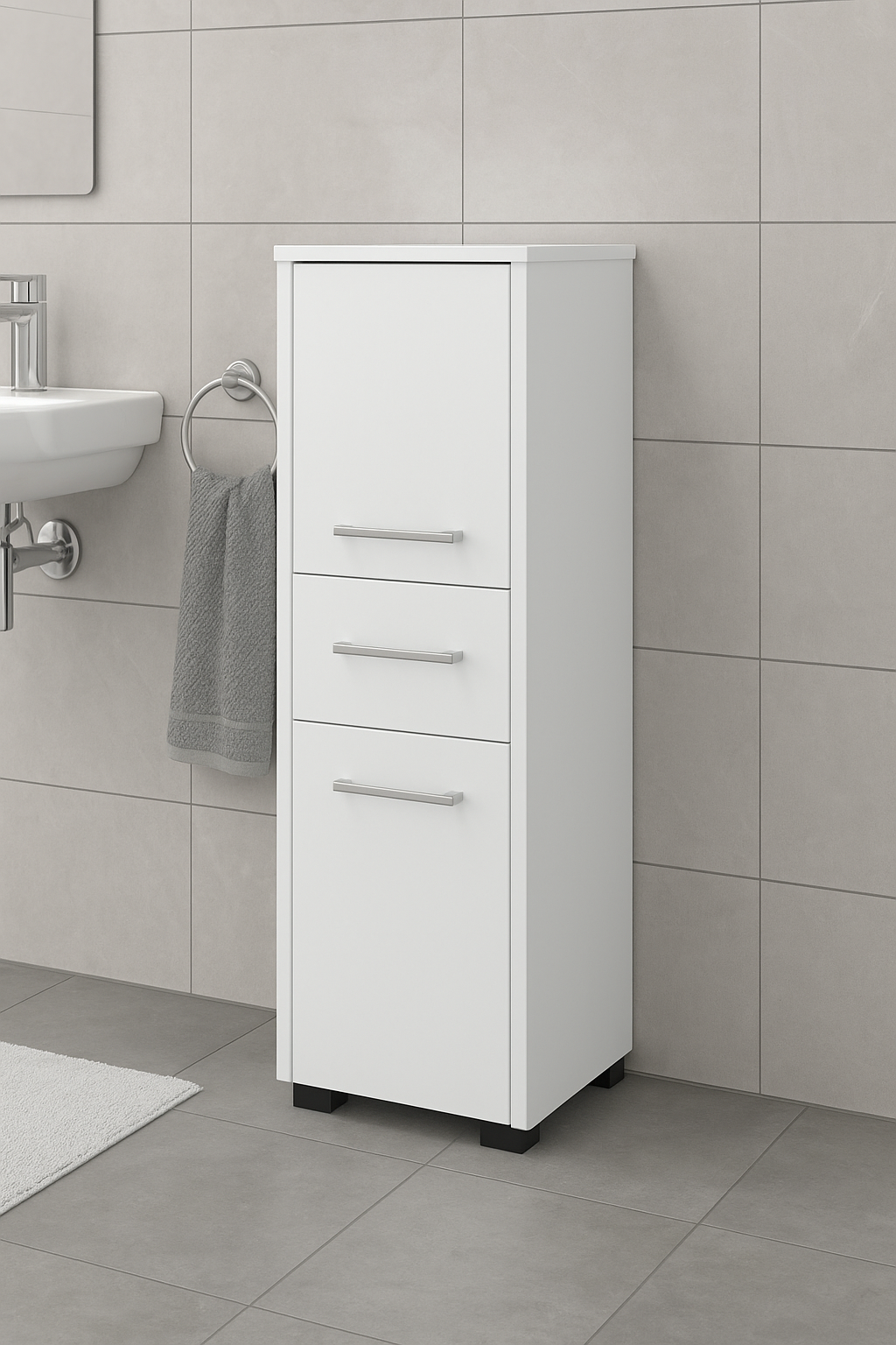 Dulap baie tip coloana cu 2 usi si sertar, PAL laminat, 30x30x85 cm, alb mat