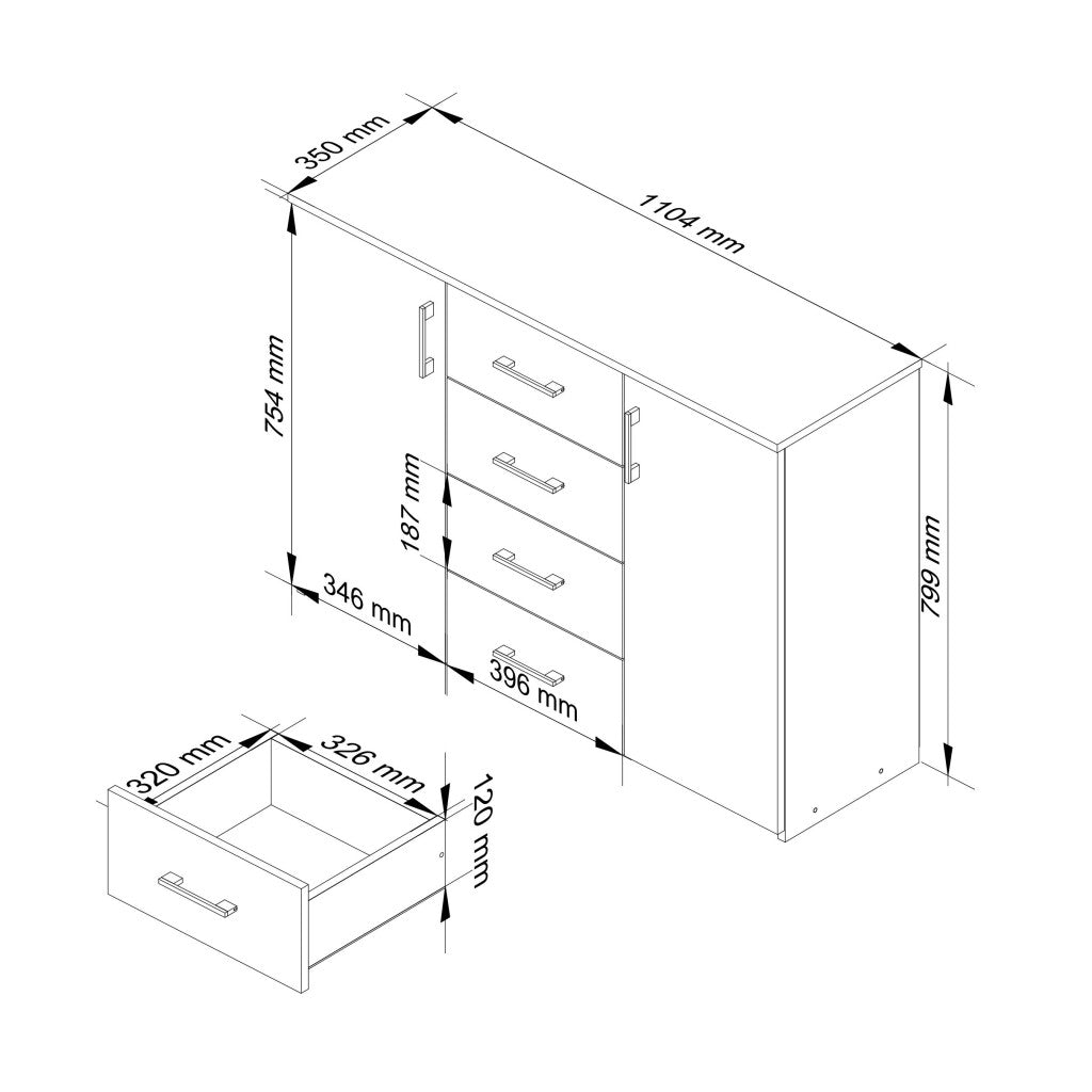 Comoda cu 4 sertare si 2 usi, PAL laminat, 110x35x80 cm, alb mat
