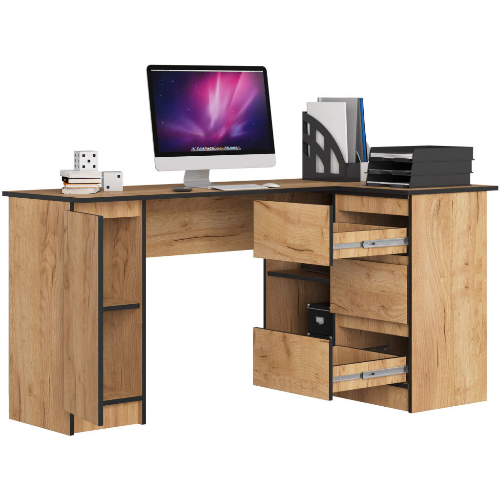 Birou colt dreapta in L cu 3 sertare si rafturi, PAL laminat 16 mm, 155x85x77 cm, stejar craft