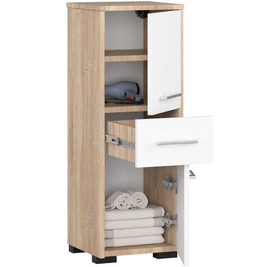 Dulap baie tip coloana cu 2 usi si sertar, PAL laminat, 30x30x85 cm, stejar sonoma si alb