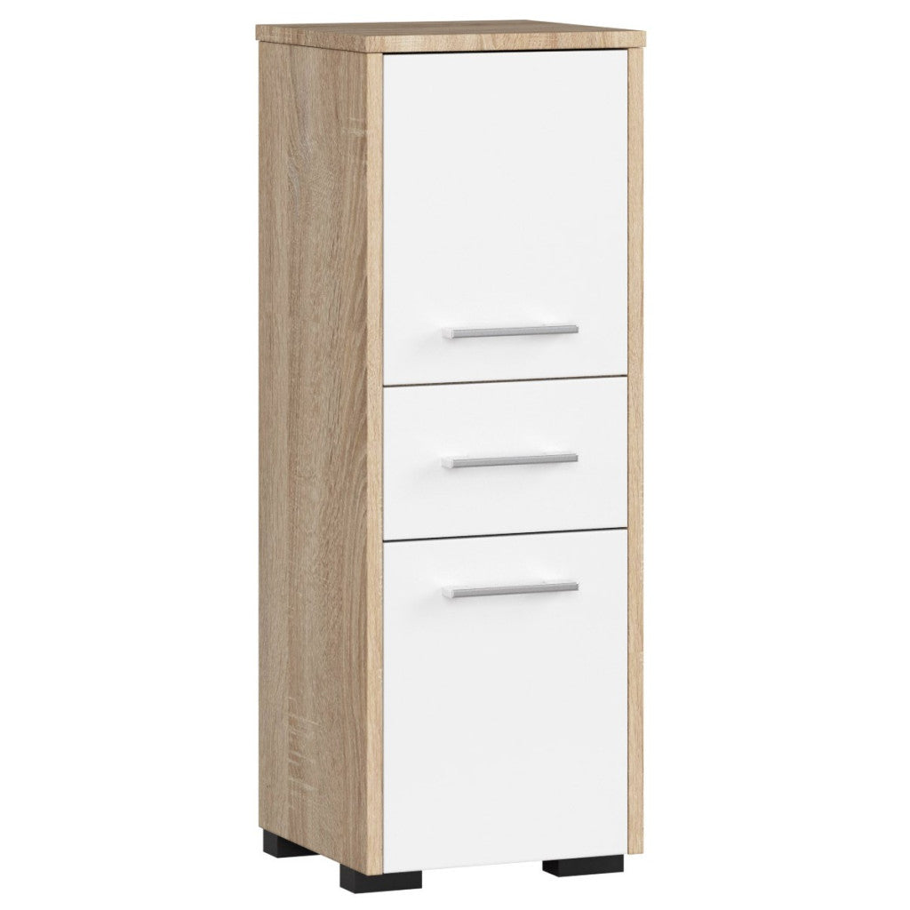 Dulap baie tip coloana cu 2 usi si sertar, PAL laminat, 30x30x85 cm, stejar sonoma si alb