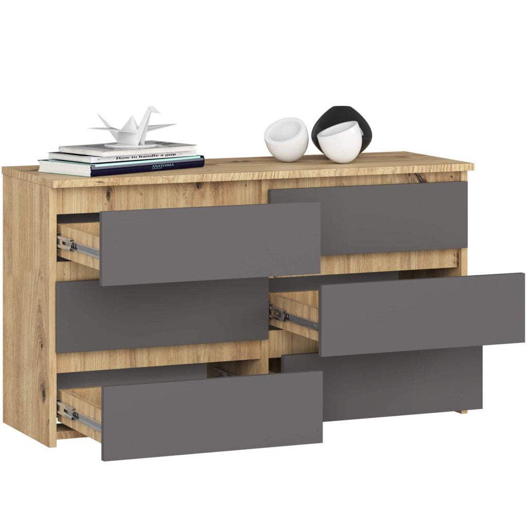 Comoda cu 6 sertare, PAL laminat, 100x35x57 cm, stejar artisan si gri