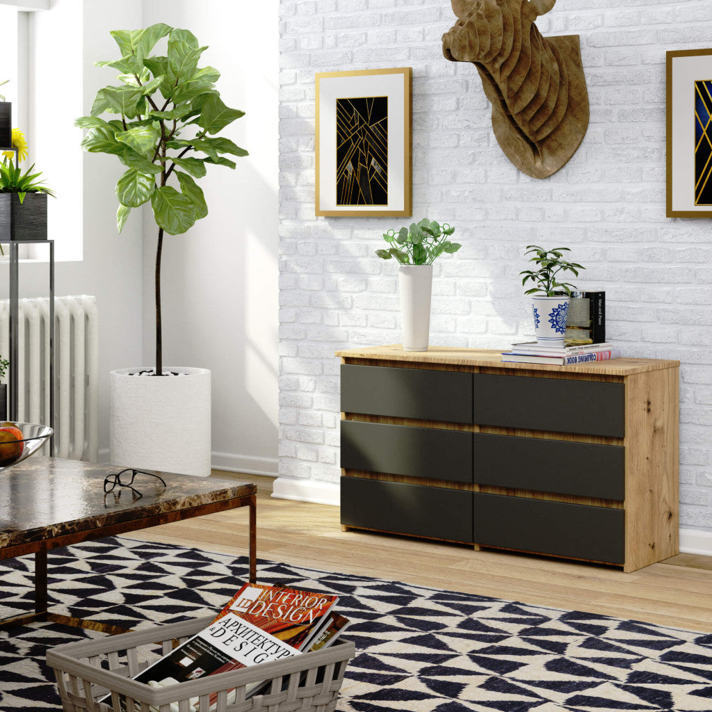Comoda cu 6 sertare, PAL laminat, 100x35x57 cm, stejar artisan si gri