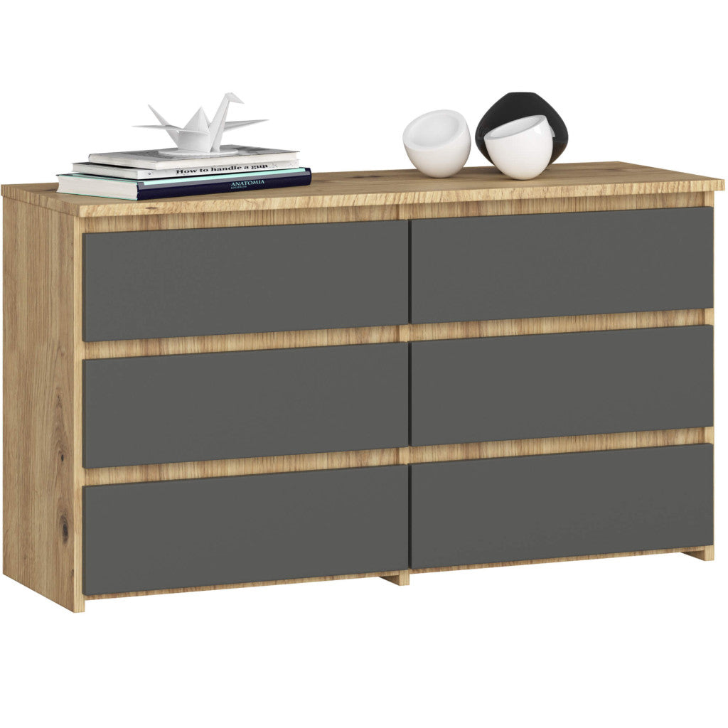 Comoda cu 6 sertare, PAL laminat, 100x35x57 cm, stejar artisan si gri
