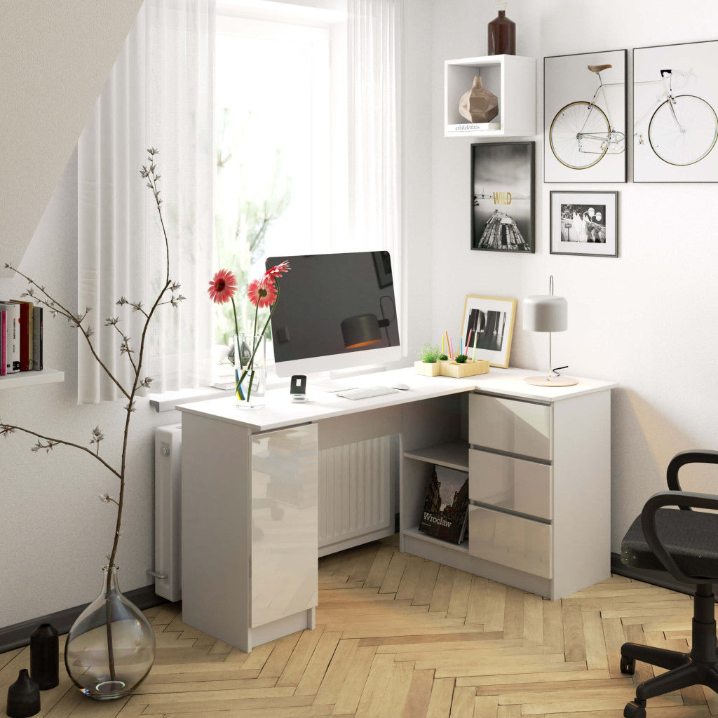 Birou colt dreapta in L cu 3 sertare si rafturi, fronturi din MDF lucios, 155x85x77 cm, alb lucios