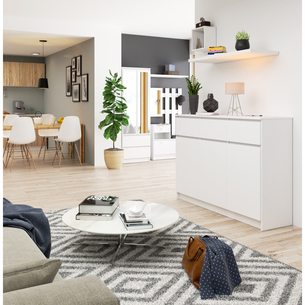 Comoda cu 3 usi si 3 sertare, PAL laminat, 138x40x99 cm, alb mat