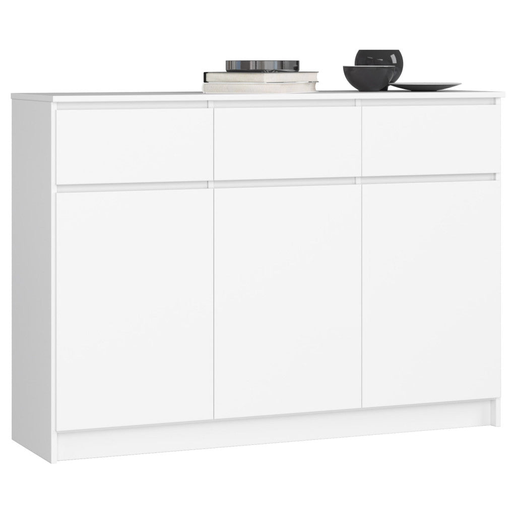 Comoda cu 3 usi si 3 sertare, PAL laminat, 138x40x99 cm, alb mat