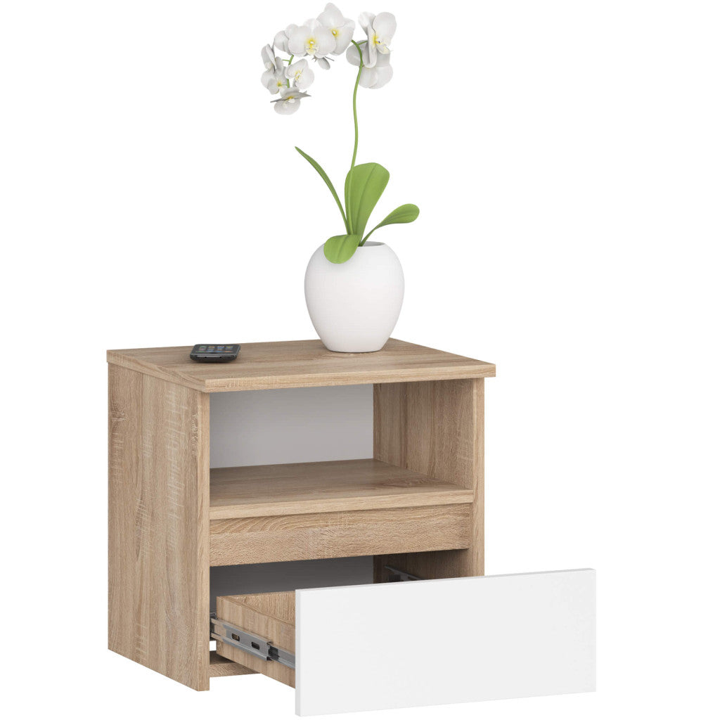 Noptiera cu 1 sertar, PAL laminat 16mm, 40x35x40 cm, stejar sonoma si alb