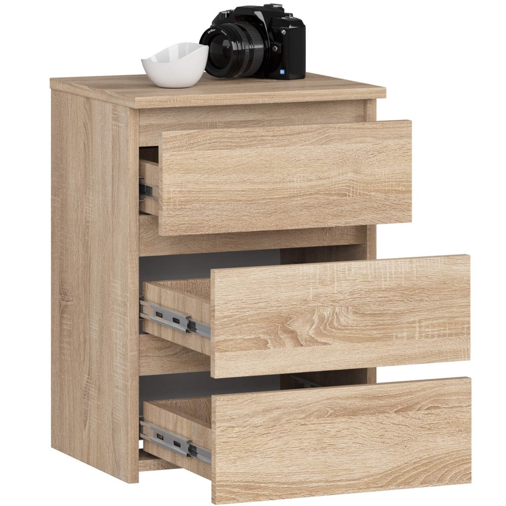 Noptiera cu 3 sertare, PAL laminat 16 mm, 40x35x57 cm, stejar sonoma