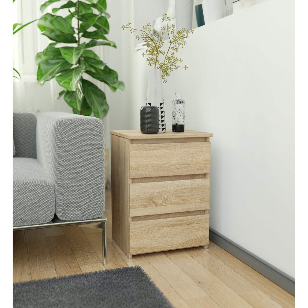 Noptiera cu 3 sertare, PAL laminat 16 mm, 40x35x57 cm, stejar sonoma