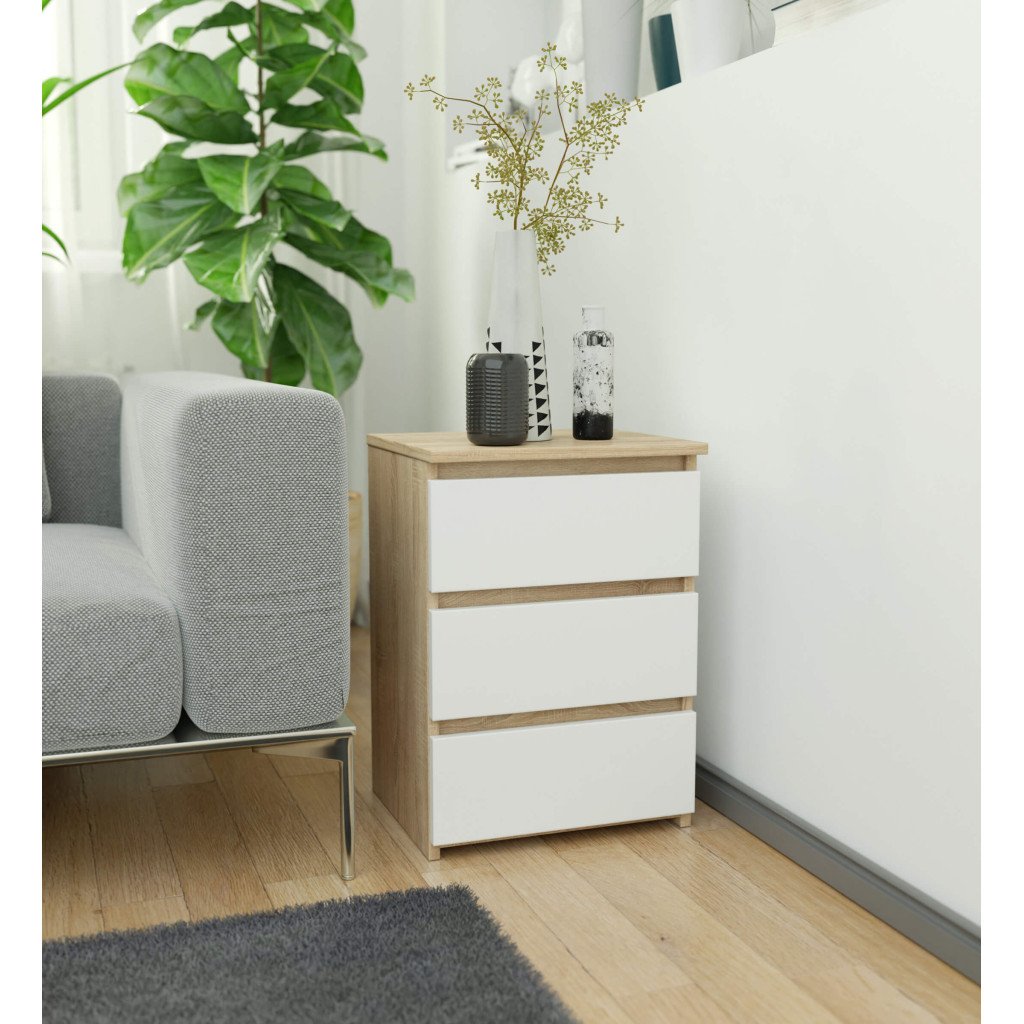 Noptiera cu 3 sertare, PAL laminat 16 mm, 40x35x57 cm, stejar sonoma si alb