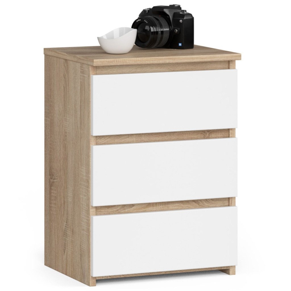 Noptiera cu 3 sertare, PAL laminat 16 mm, 40x35x57 cm, stejar sonoma si alb